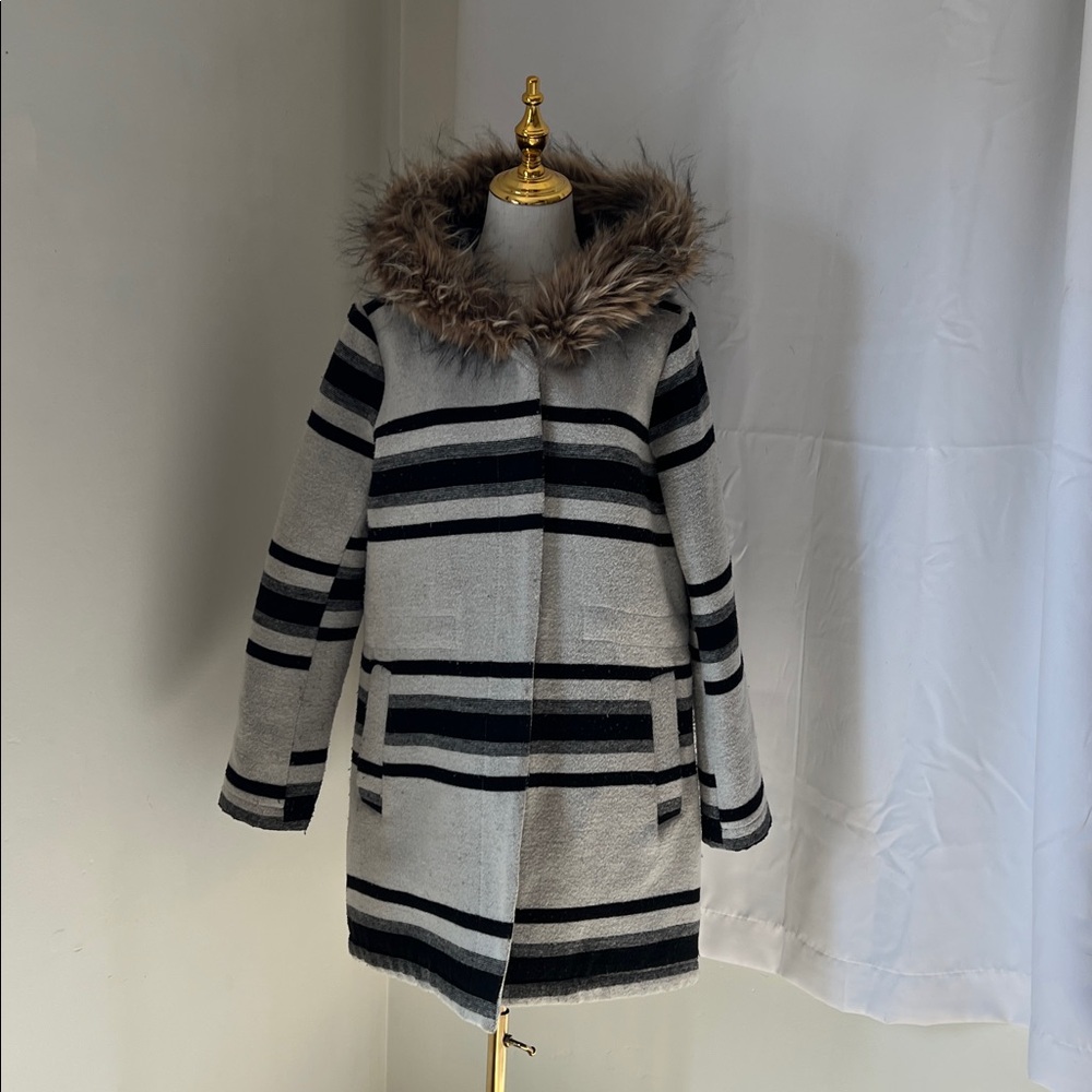 BB Dakota Black and Cream Hooded Jacket with Faux Fur